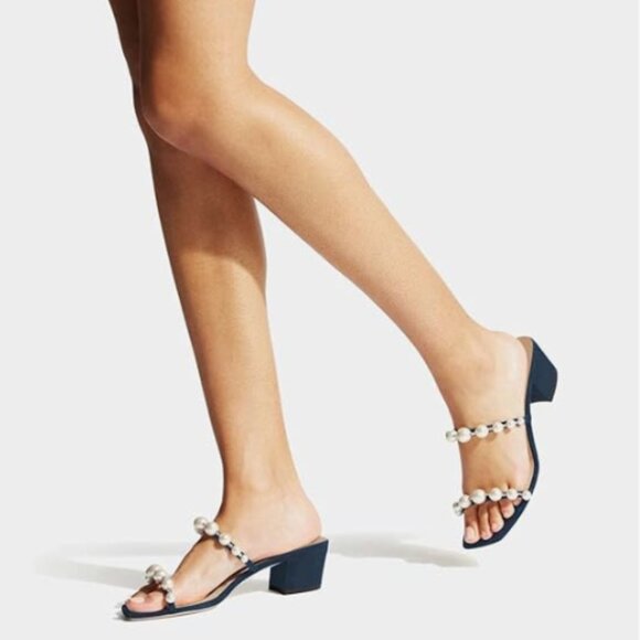 XYD Steel Blue Square Open Toe Pearls Embellished Dual Straps Slides Sandal - Picture 1 of 7